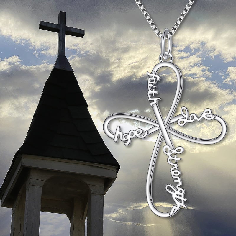 Yearace Cross Necklace 925 Sterling Silver Infinity Faith Hope Love Strength Loop Cross Pendant Necklace Christian for Women, 18 inch - Image 3